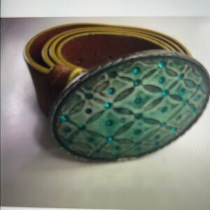 VINTAGE GAP Women Western Leather Belt Light Brown with Green Rhinestones Sz S/M